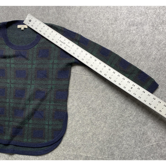 Madewell Sweater Womens XS Navy Green Plaid High Low Curved Hem Tunic Knit - Picture 4 of 9
